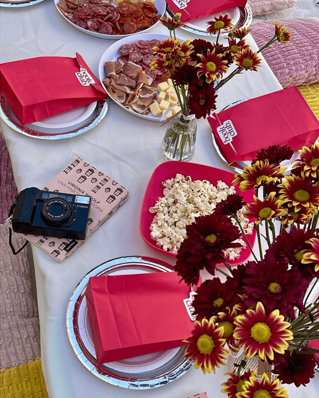 Mesa de picnic con tabla de quesos, flores y una cámara analógica junto a un libro